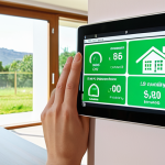 A modern, comfortable smart home interior where a person (or family) effortlessly manages their energy. A sleek, transparent display or tablet shows real-time energy consumption data, with clear indications of significant cost savings and optimized usage. Subtle visual cues like green efficiency indicators or a digital electricity bill showing a low amount are present. The atmosphere is bright, calm, and technologically integrated, with smart sensors subtly visible in the background, representing intelligent monitoring and control.