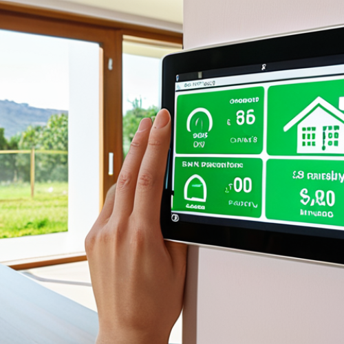 Home 19 A modern, comfortable smart home interior where a person (or family) effortlessly manages their energy. A sleek, transparent display or tablet shows real-time energy consumption data, with clear indications of significant cost savings and optimized usage. Subtle visual cues like green efficiency indicators or a digital electricity bill showing a low amount are present. The atmosphere is bright, calm, and technologically integrated, with smart sensors subtly visible in the background, representing intelligent monitoring and control.