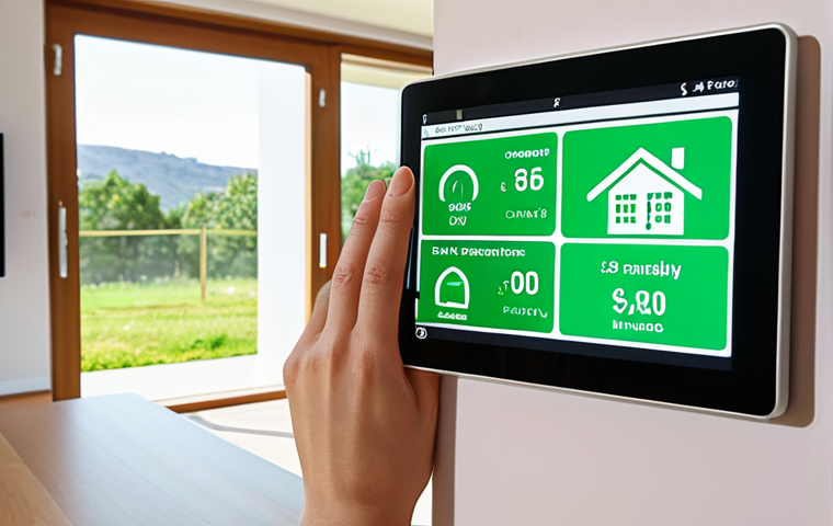 A modern, comfortable smart home interior where a person (or family) effortlessly manages their energy. A sleek, transparent display or tablet shows real-time energy consumption data, with clear indications of significant cost savings and optimized usage. Subtle visual cues like green efficiency indicators or a digital electricity bill showing a low amount are present. The atmosphere is bright, calm, and technologically integrated, with smart sensors subtly visible in the background, representing intelligent monitoring and control.