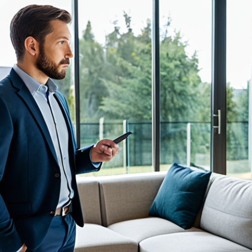 Home 18 A professional man in modest, casual business attire, meticulously inspecting a modern living room for security vulnerabilities. He is standing near a large window, thoughtfully considering the optimal placement of a small, discreet smart sensor. The scene highlights a clean, well-lit home interior, emphasizing strategic planning for robust home security. Fully clothed, appropriate attire, safe for work, family-friendly. Perfect anatomy, correct proportions, natural pose, well-formed hands, proper finger count, natural body proportions. Professional photography, high quality.