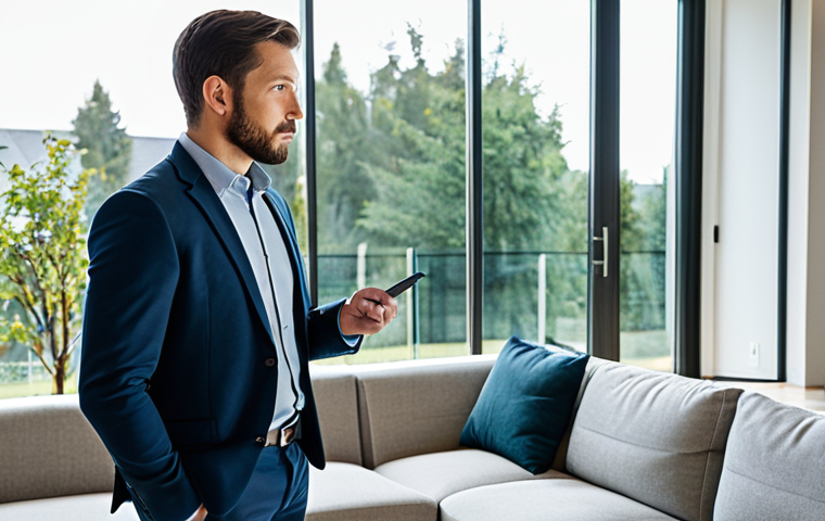 A professional man in modest, casual business attire, meticulously inspecting a modern living room for security vulnerabilities. He is standing near a large window, thoughtfully considering the optimal placement of a small, discreet smart sensor. The scene highlights a clean, well-lit home interior, emphasizing strategic planning for robust home security. Fully clothed, appropriate attire, safe for work, family-friendly. Perfect anatomy, correct proportions, natural pose, well-formed hands, proper finger count, natural body proportions. Professional photography, high quality.