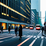 A bustling modern city street scene with diverse citizens, fully clothed in professional and modest attire, walking or using public transport. Smart traffic lights and streetlights subtly glow, with holographic data overlays indicating real-time air quality metrics and traffic flow. Integrated sensors are visible on building facades and street poles. The atmosphere is clean and efficient, reflecting urban innovation and environmental monitoring. High-resolution professional photography, cinematic lighting, perfect anatomy, correct proportions, natural pose, well-formed hands, proper finger count, natural body proportions, safe for work, appropriate content, family-friendly.