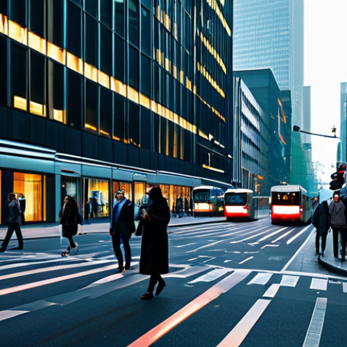 Home 17 A bustling modern city street scene with diverse citizens, fully clothed in professional and modest attire, walking or using public transport. Smart traffic lights and streetlights subtly glow, with holographic data overlays indicating real-time air quality metrics and traffic flow. Integrated sensors are visible on building facades and street poles. The atmosphere is clean and efficient, reflecting urban innovation and environmental monitoring. High-resolution professional photography, cinematic lighting, perfect anatomy, correct proportions, natural pose, well-formed hands, proper finger count, natural body proportions, safe for work, appropriate content, family-friendly.