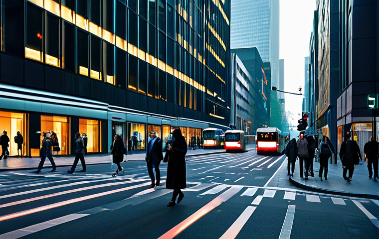 A bustling modern city street scene with diverse citizens, fully clothed in professional and modest attire, walking or using public transport. Smart traffic lights and streetlights subtly glow, with holographic data overlays indicating real-time air quality metrics and traffic flow. Integrated sensors are visible on building facades and street poles. The atmosphere is clean and efficient, reflecting urban innovation and environmental monitoring. High-resolution professional photography, cinematic lighting, perfect anatomy, correct proportions, natural pose, well-formed hands, proper finger count, natural body proportions, safe for work, appropriate content, family-friendly.